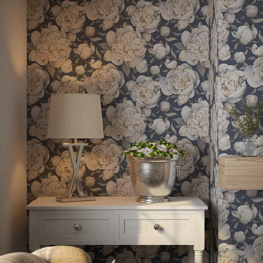 English Garden Peonies Wallpaper - Classic Navy - LAN100364