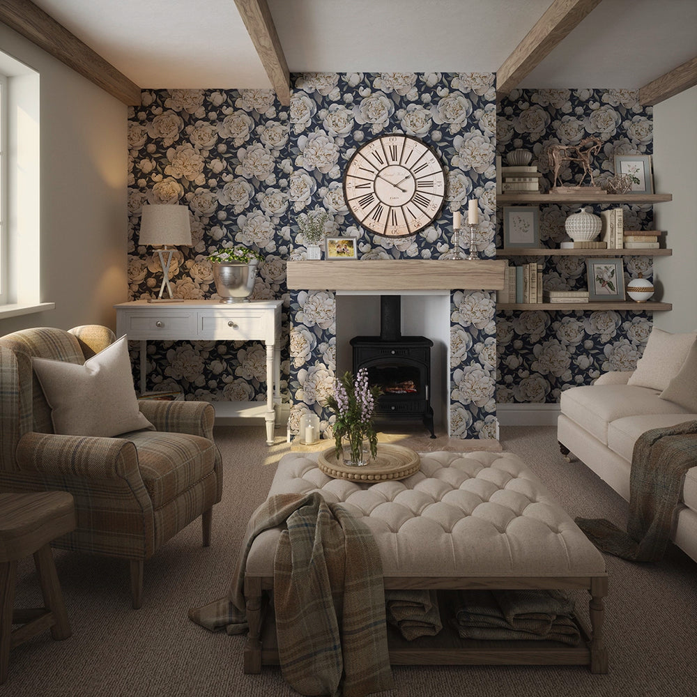 English Garden Peonies Wallpaper - Classic Navy - LAN100364