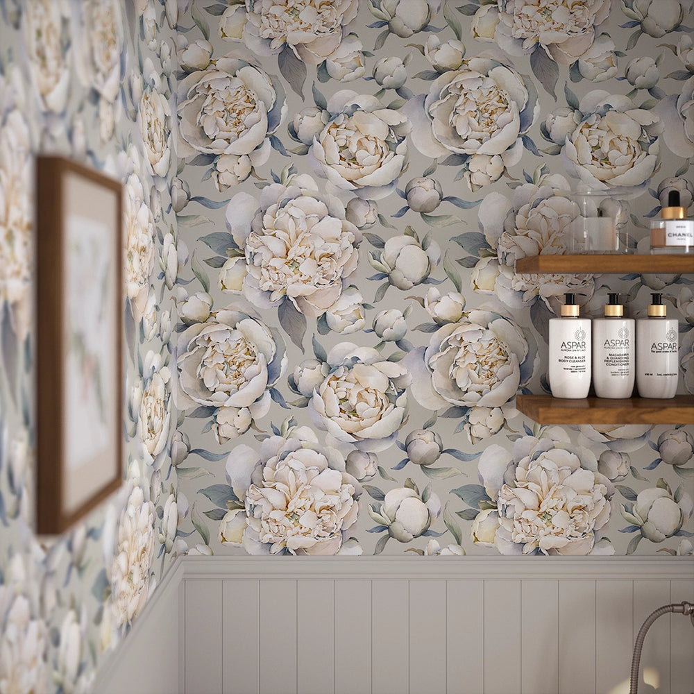 English Garden Peonies Wallpaper - Vintage Grey - LAN100365