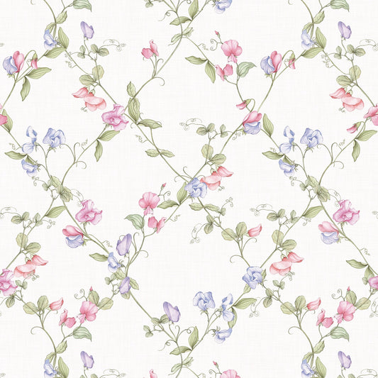 Sweet Pea Wallpaper - Pinks and Lilacs on Vintage Cream - LAN100415