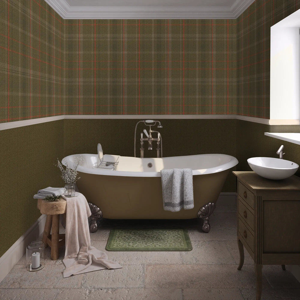 Royal Tartan Wallpaper - Bracken Green, Sage and Red - LAN100456