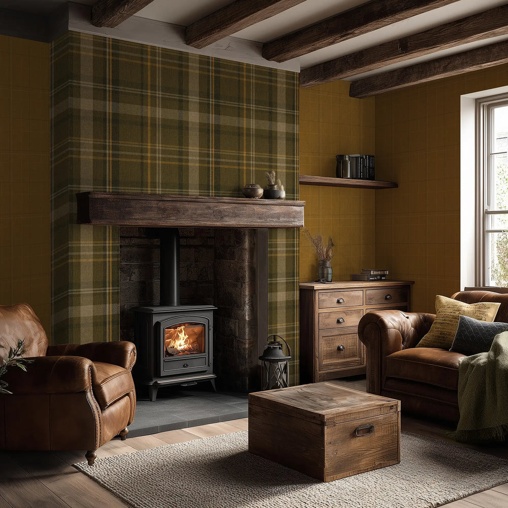 Royal Tartan Wallpaper - Rich Olive, Ochre and Mustard - LAN100457