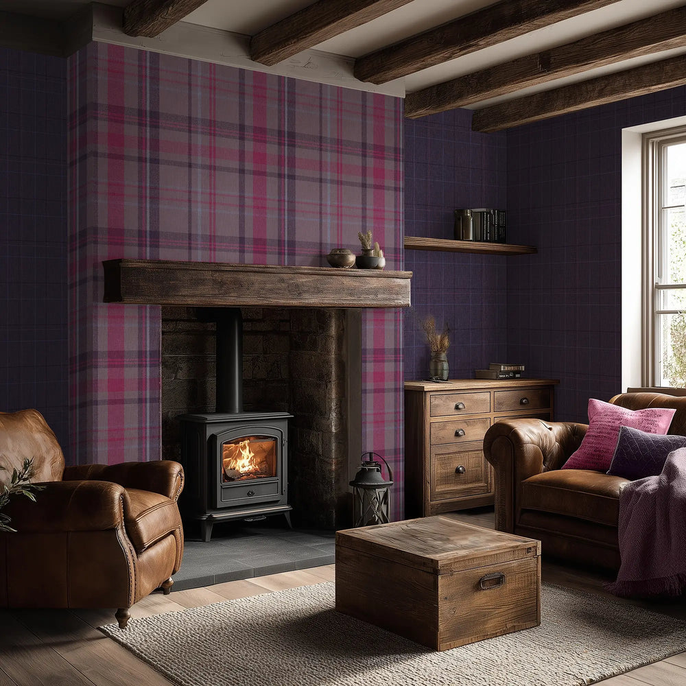 Royal Tartan Wallpaper - Heather, Rich Plum and Sky Blue - LAN100458