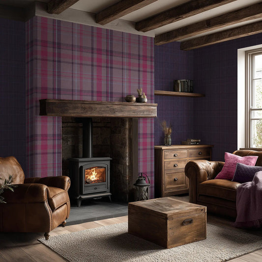 Royal Tartan Wallpaper - Heather, Rich Plum and Sky Blue - LAN100458