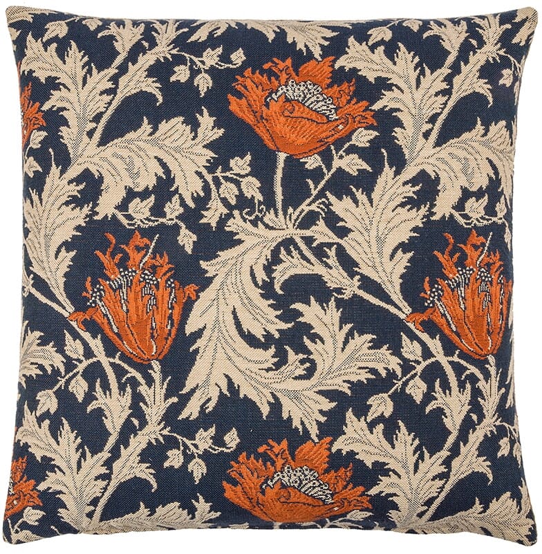 Morris Anemone Tapestry Cushion with Feather Filler - Blue Rust - Hines of Oxford