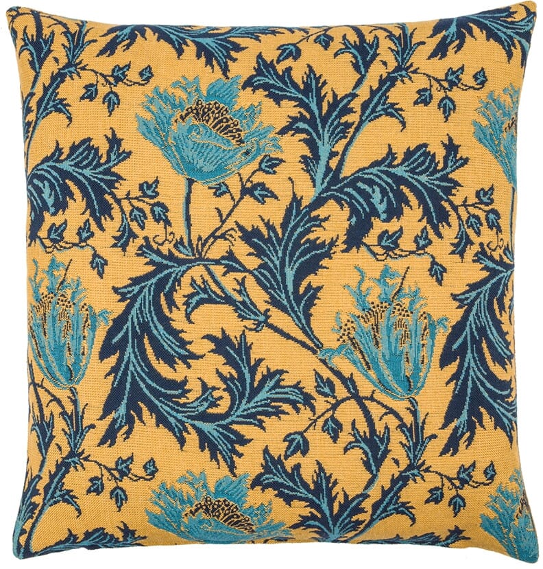 Morris Anemone Tapestry Cushion with Feather Filler - Gold Blue - Hines of Oxford