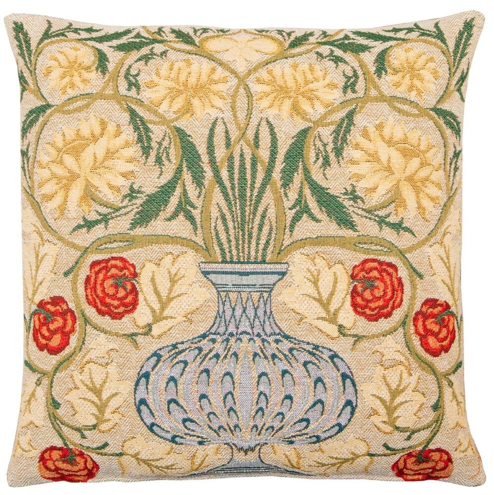 Morris Flowerpot Tapestry Cushion with Feather Filler - Cream - Hines of Oxford