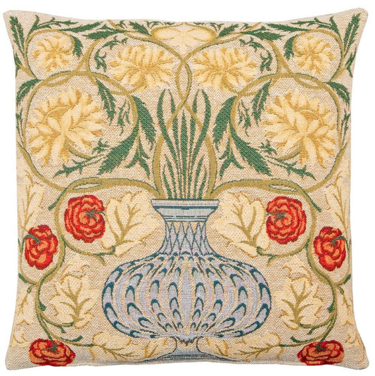 Morris Flowerpot Tapestry Cushion with Feather Filler - Cream - Hines of Oxford