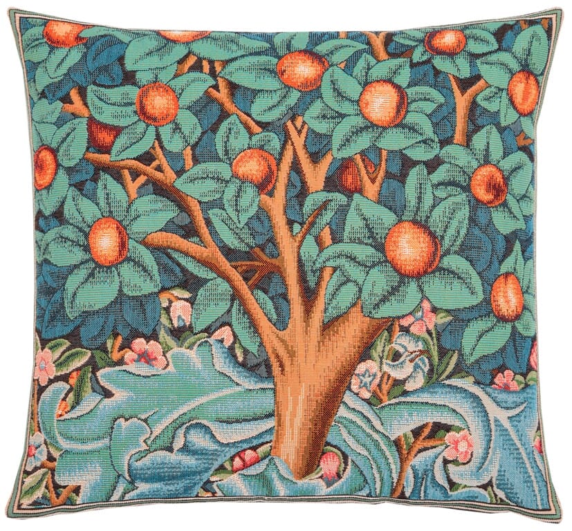 Morris Fruit Tree Tapestry Cushion with Feather Filler - Blue - Hines of Oxford