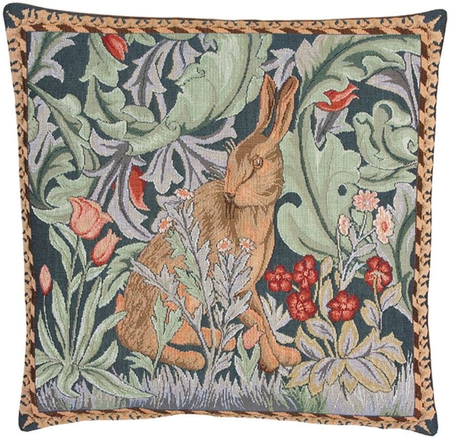 Morris Hare Left Tapestry Cushion with Feather Filler - Blue - Hines of Oxford