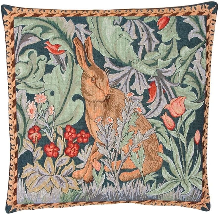 Morris Hare Right Tapestry Cushion with Feather Filler - Blue - Hines of Oxford