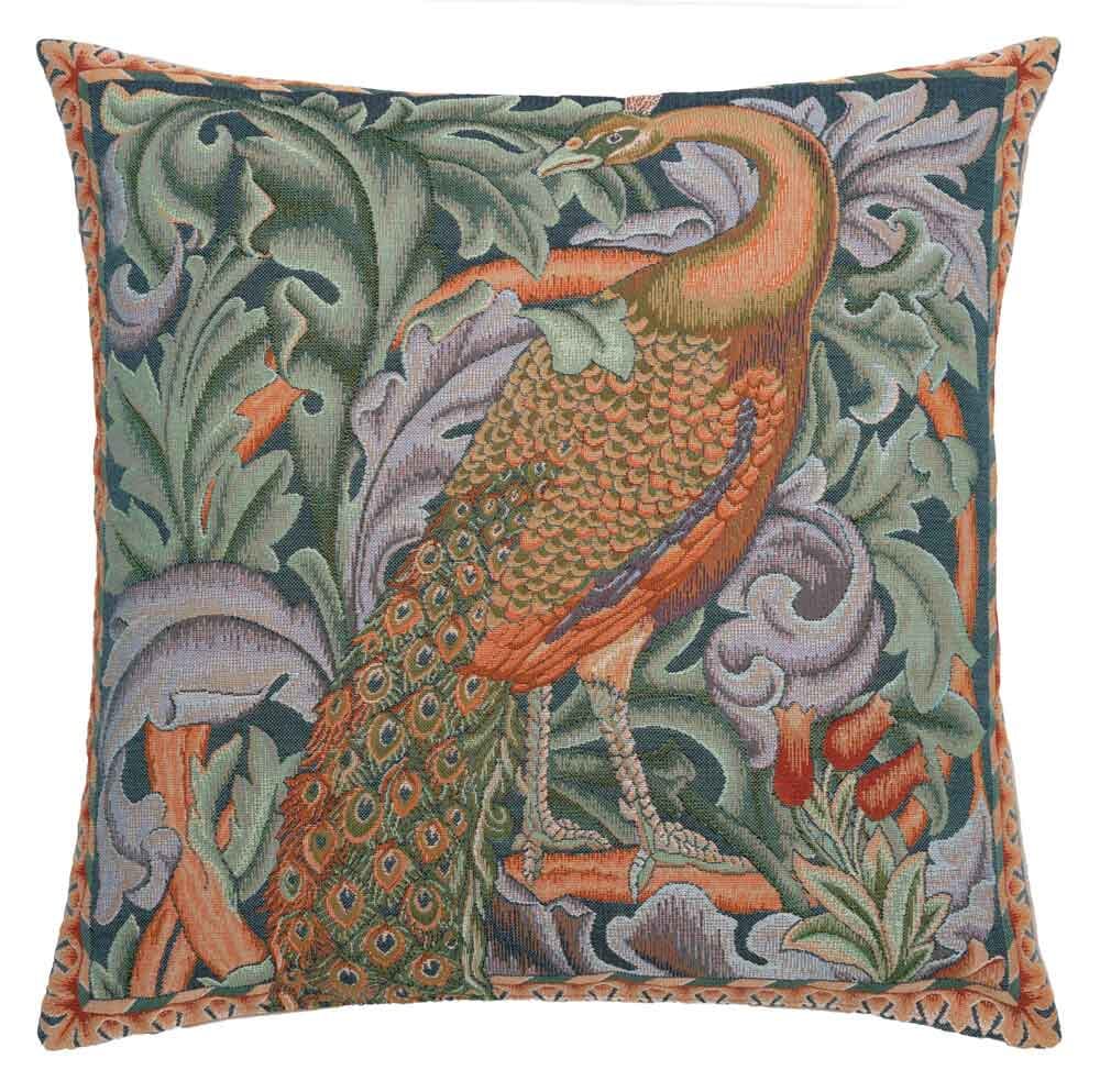 Morris Peacock Left Regular Cushion with Feather Filler - Blue - Hines of Oxford