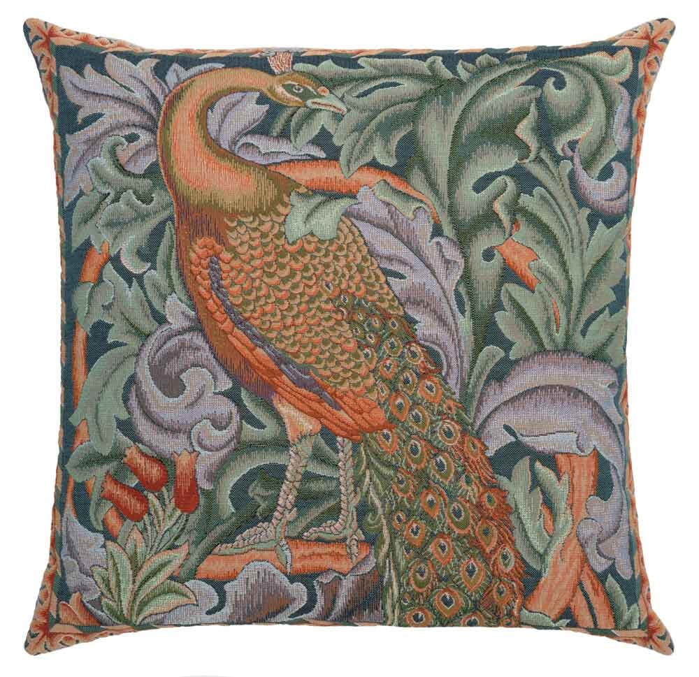 Morris Peacock Right Regular Cushion with Feather Filler - Blue - Hines of Oxford