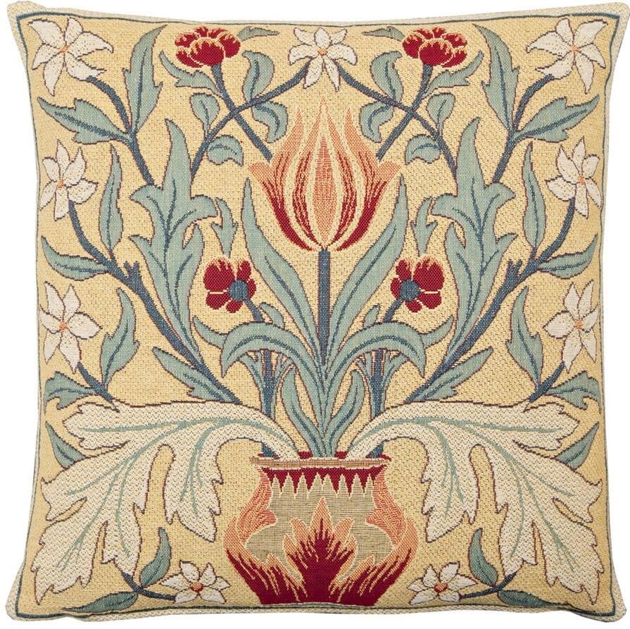 Morris Tulip Tapestry Cushion with Feather Filler - Cream - Hines of Oxford