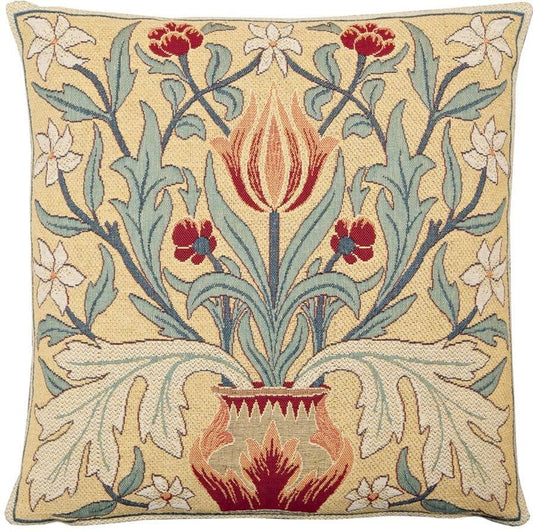 Morris Tulip Tapestry Cushion with Feather Filler - Cream - Hines of Oxford
