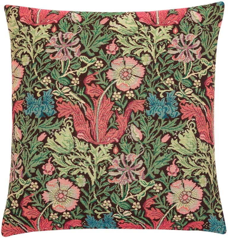 Morris Tulips Tapestry Cushion with Feather Filler - Green - Hines of Oxford