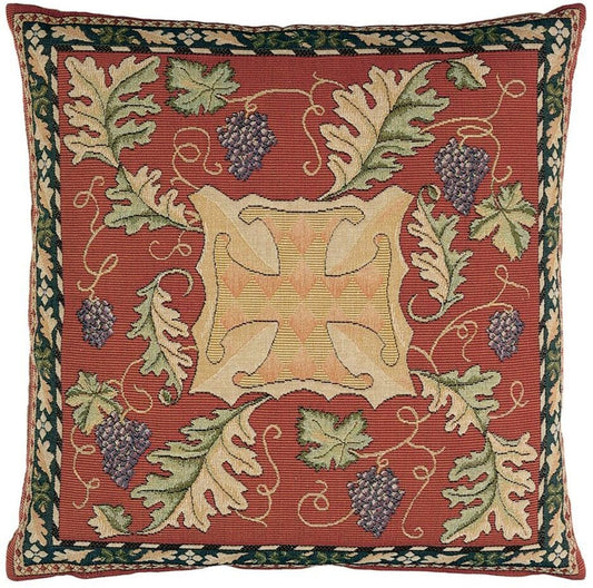 Oakleaves & Vine Tapestry Cushion with Feather Filler - Red - Hines of Oxford