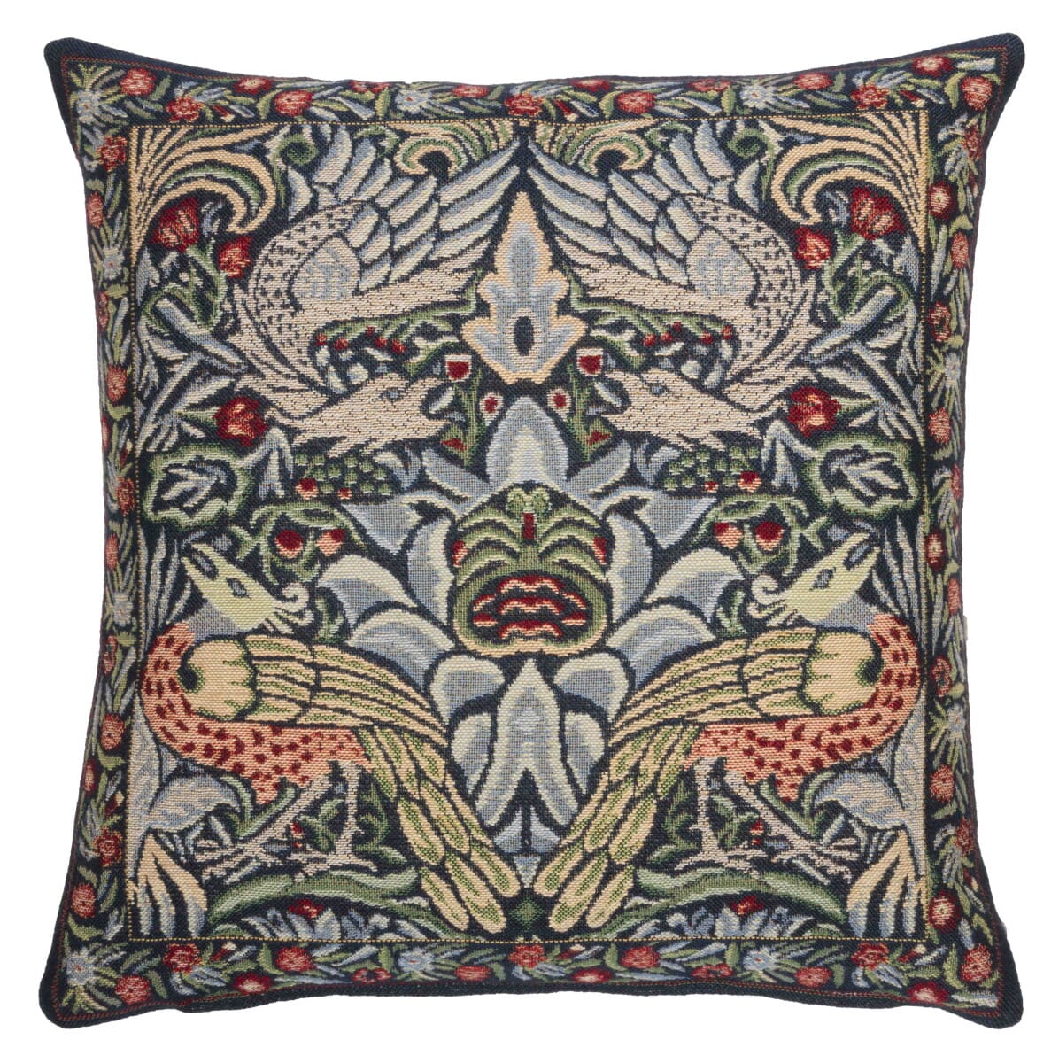 Peacock & Dragon Tapestry Cushion with Feather Filler - Blue - Hines of Oxford
