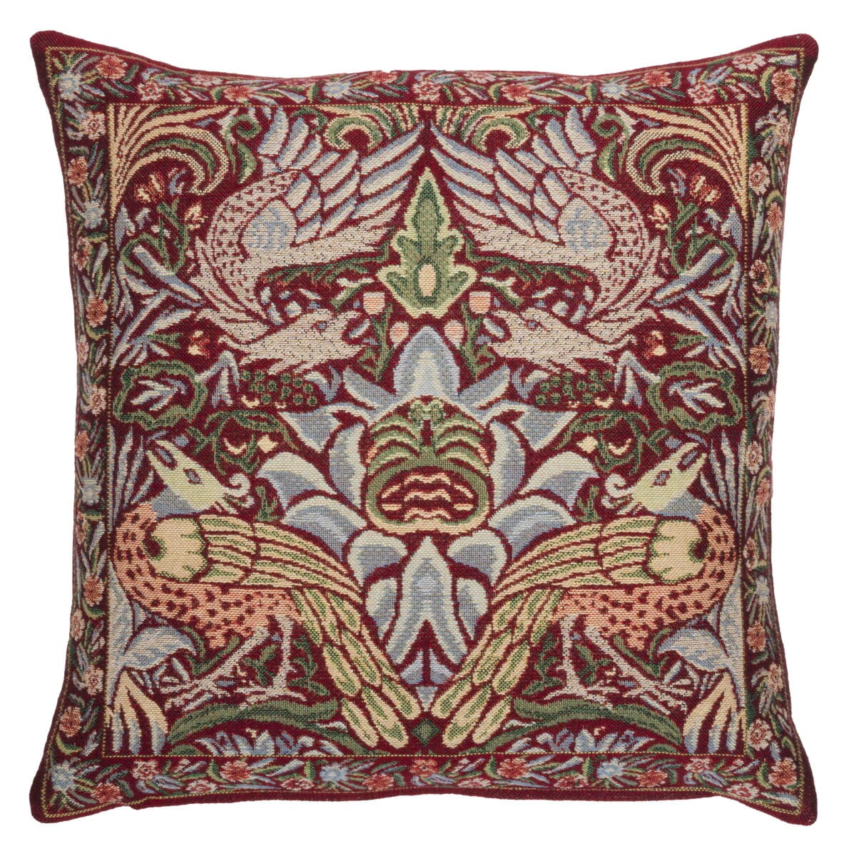 Peacock & Dragon Tapestry Cushion with Feather Filler - Red - Hines of Oxford
