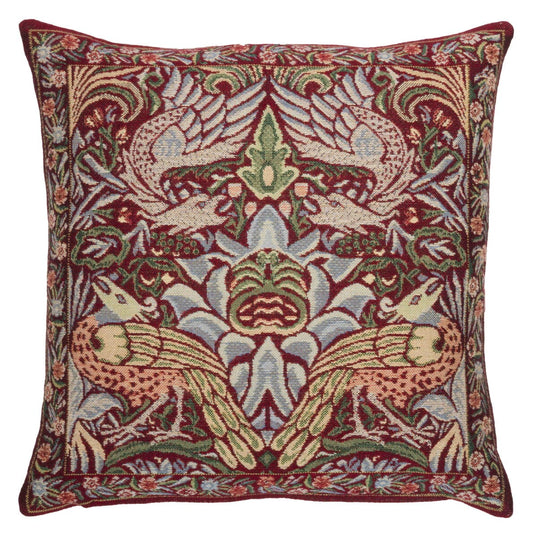 Peacock & Dragon Tapestry Cushion with Feather Filler - Red - Hines of Oxford