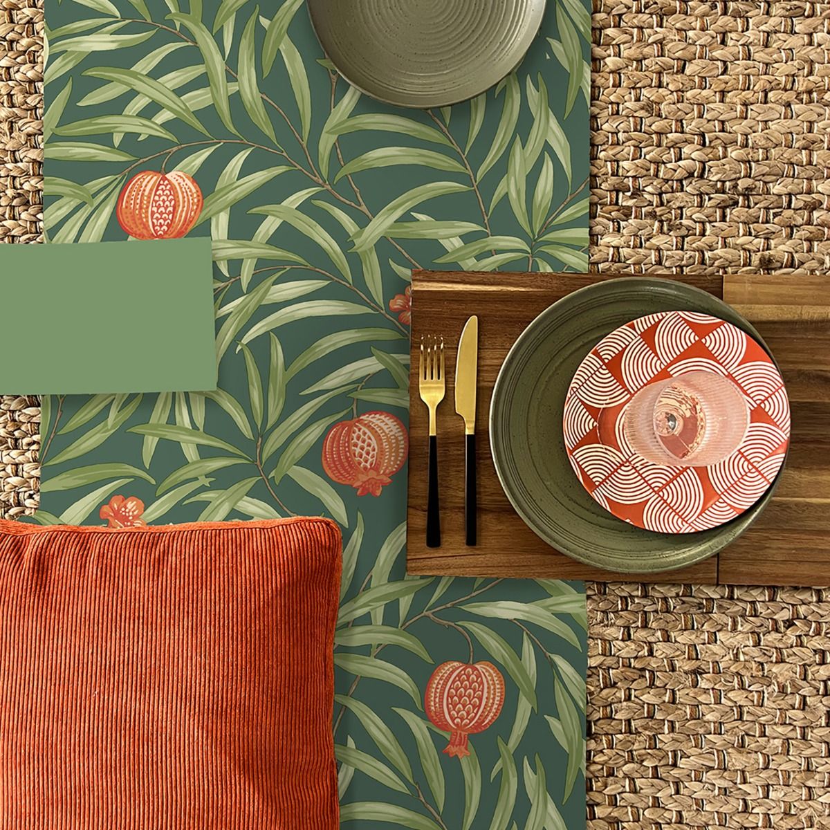 Pomegranate Wallpaper - Green/Orange - Belgravia