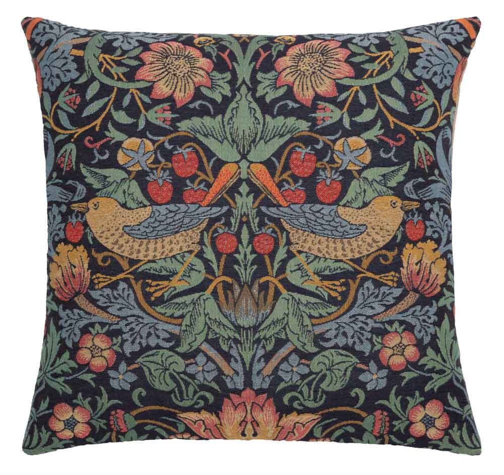Strawberry Thief Birds Regular Cushion with Feather Filler - Blue - Hines of Oxford