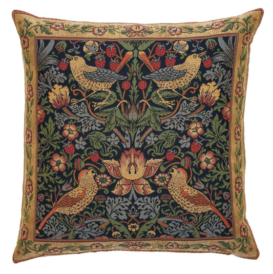 Strawberry Thief Classic Tapestry Cushion with Feather Filler - Blue - Hines of Oxford