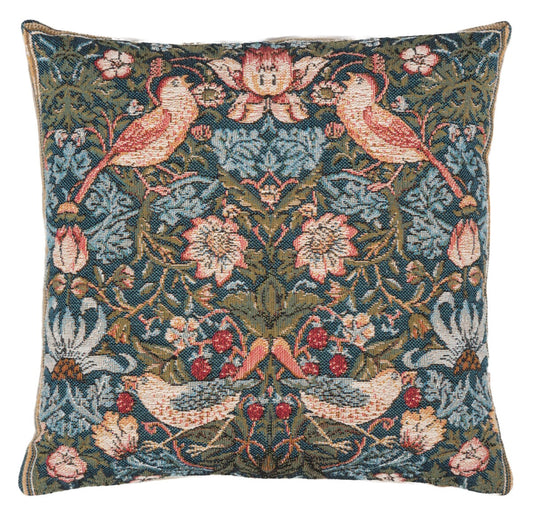 Strawberry Thief Cushion with Feather Filler - Green - Hines of Oxford