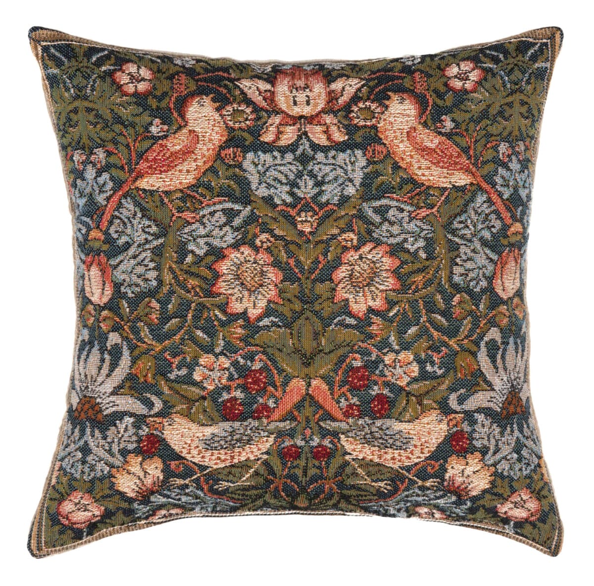 Strawberry Thief Fibre Filled Tapestry Cushion - Green - Hines of Oxford