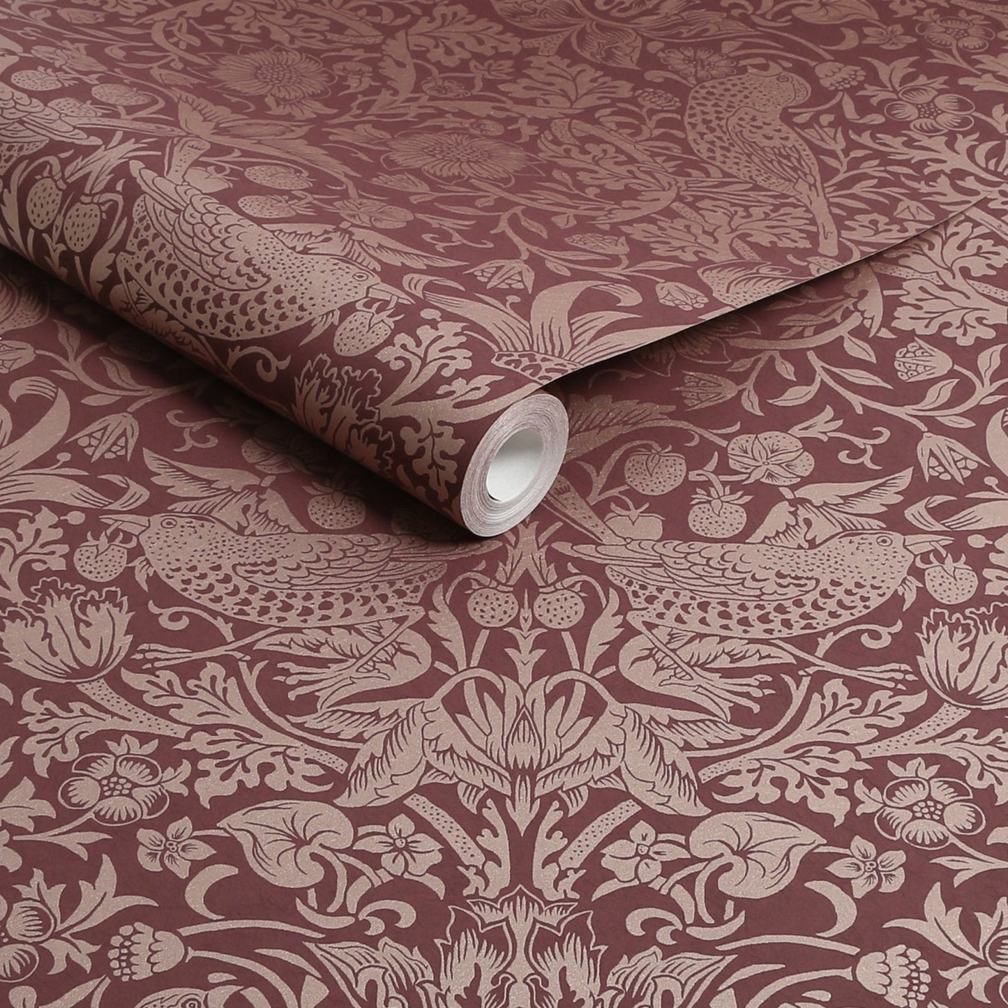 Strawberry Thief Fibrous Wallpaper - Burgundy - William Morris AH