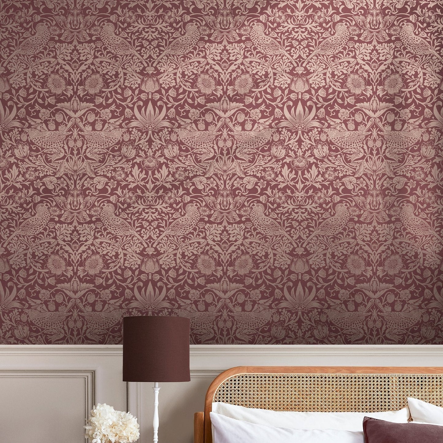 Strawberry Thief Fibrous Wallpaper - Burgundy - William Morris AH