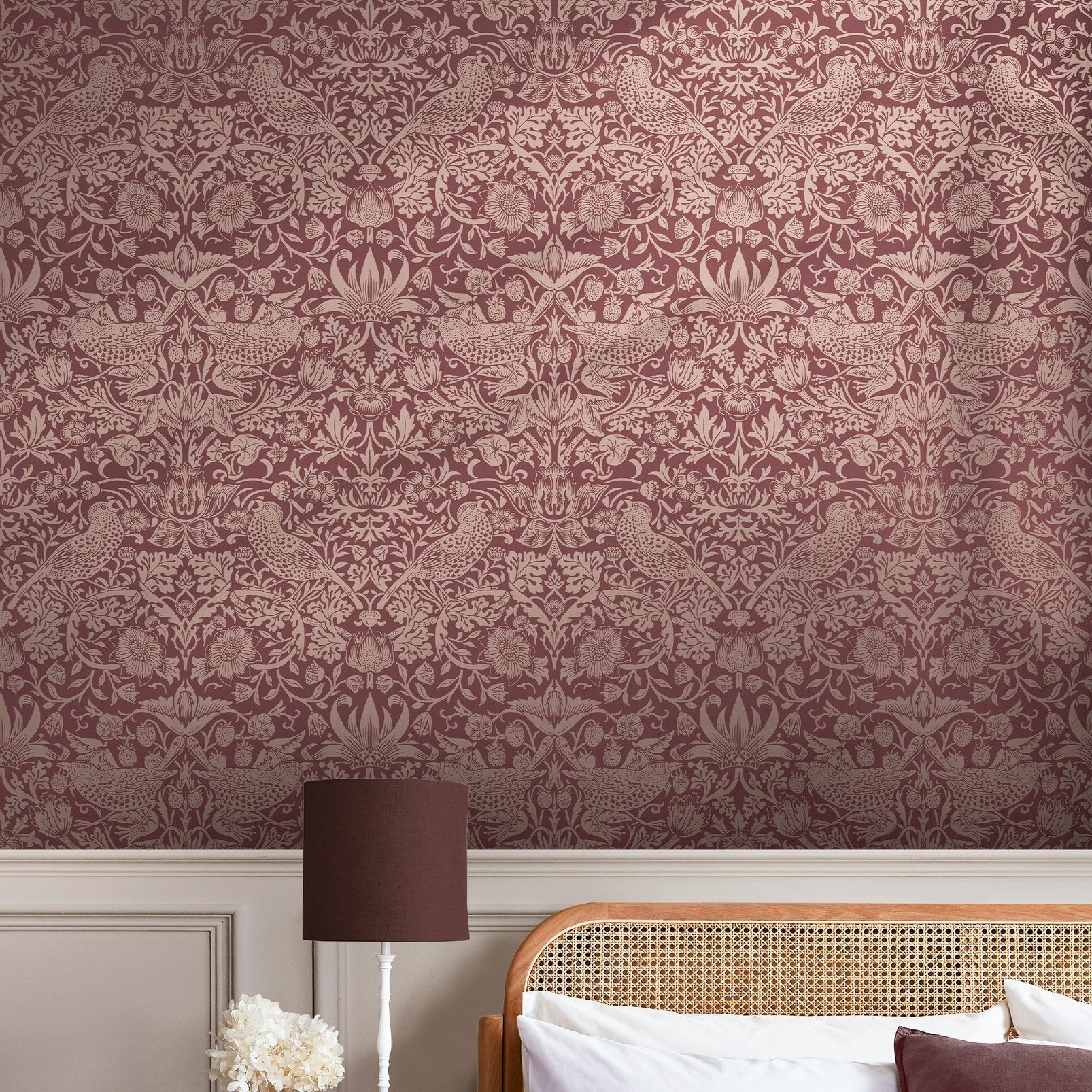 Strawberry Thief Fibrous Wallpaper - Burgundy - William Morris AH