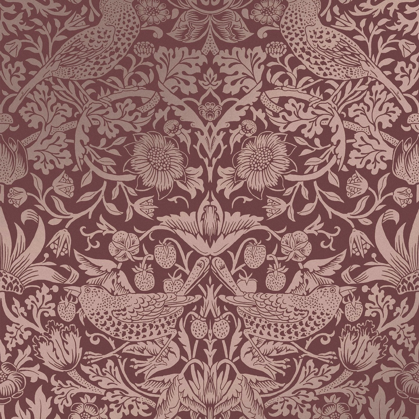 Strawberry Thief Fibrous Wallpaper - Burgundy - William Morris AH