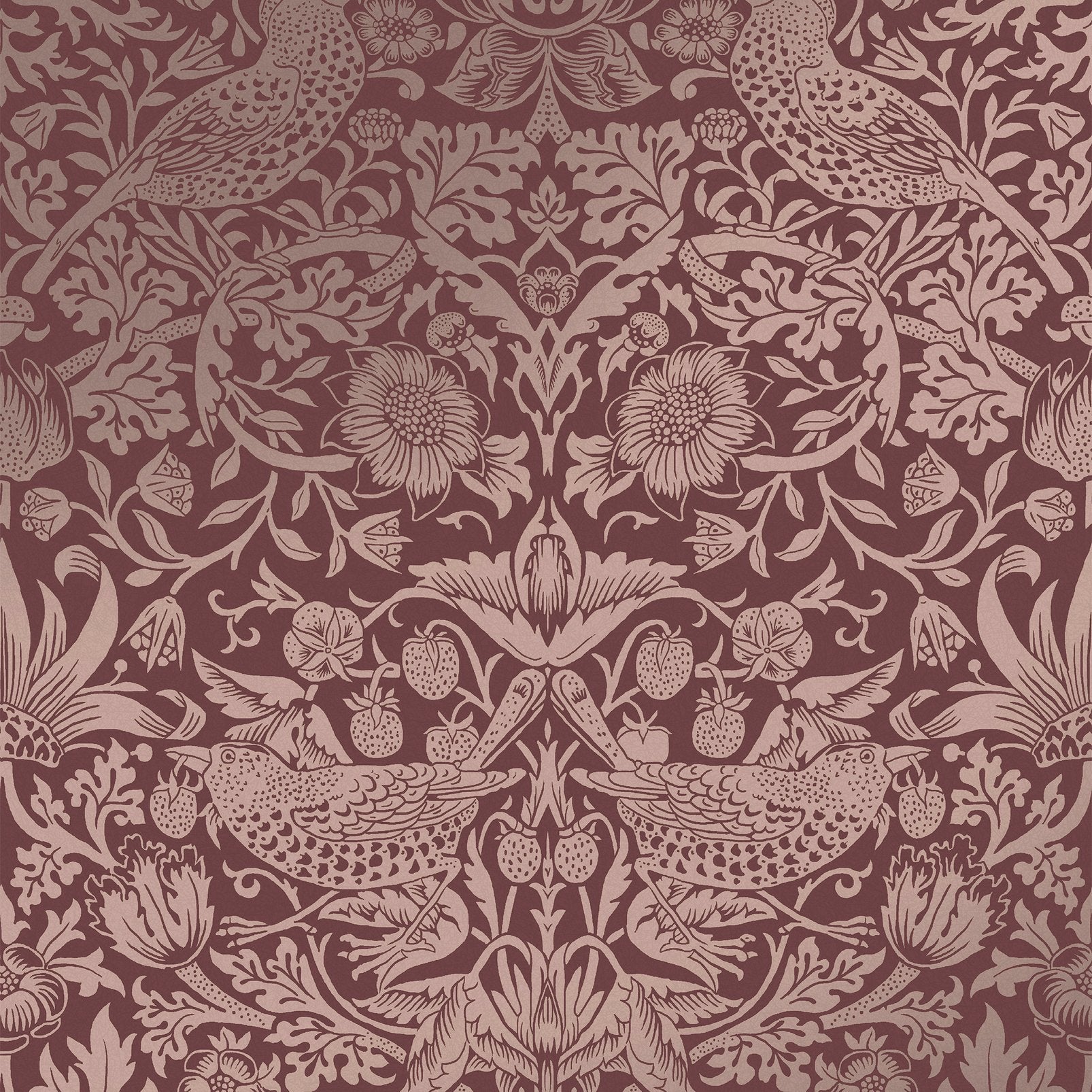 Strawberry Thief Fibrous Wallpaper - Burgundy - William Morris AH