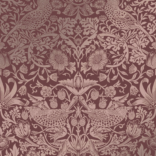 Strawberry Thief Fibrous Wallpaper - Burgundy - William Morris AH