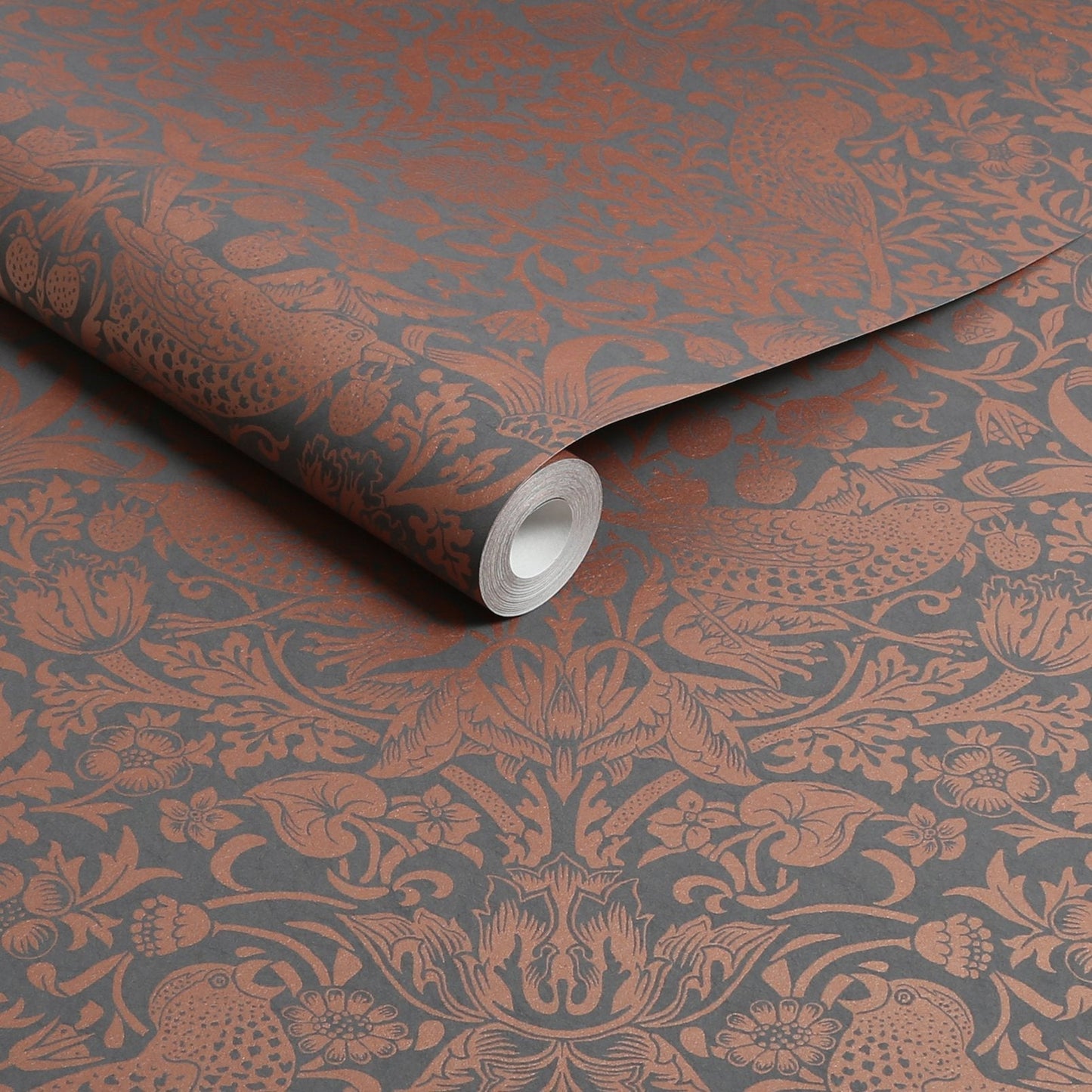 Strawberry Thief Fibrous Wallpaper - Charcoal - William Morris AH