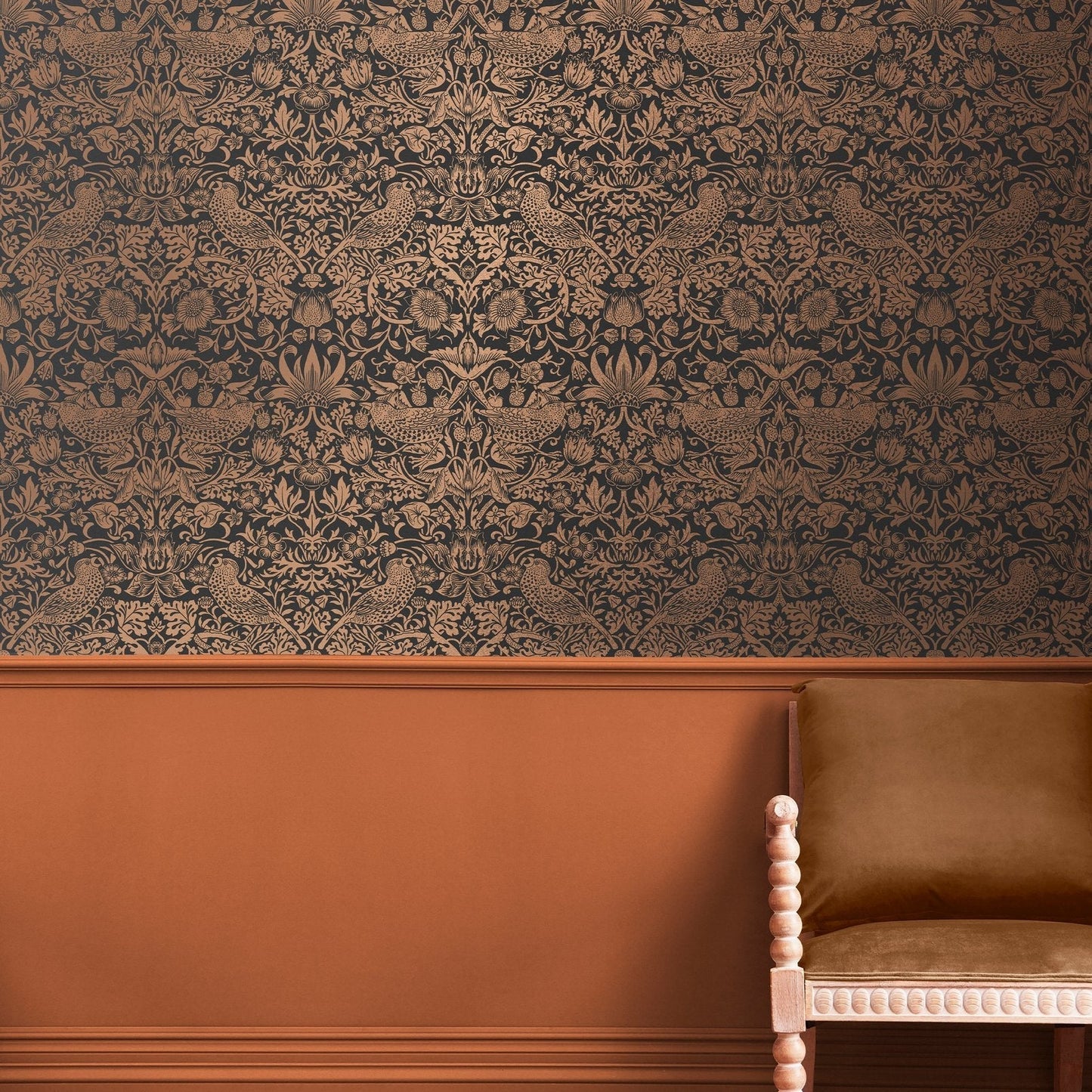 Strawberry Thief Fibrous Wallpaper - Charcoal - William Morris AH