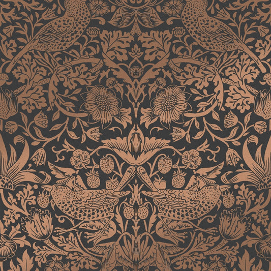 Strawberry Thief Fibrous Wallpaper - Charcoal - William Morris AH
