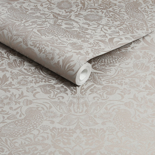 Strawberry Thief Fibrous Wallpaper - Neutral - William Morris AH