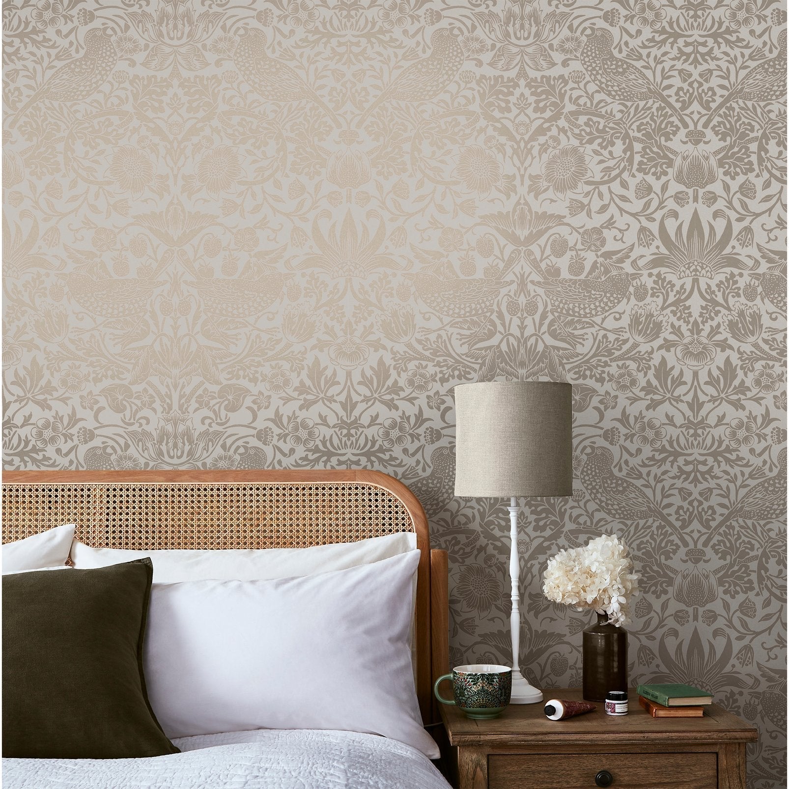 Strawberry Thief Fibrous Wallpaper - Neutral - William Morris AH
