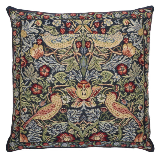Strawberry Thief Tapestry Cushion with Feather Filler - Blue - Hines of Oxford