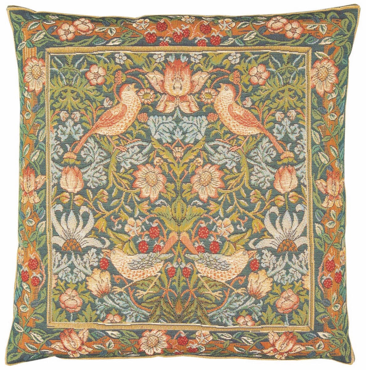 Strawberry Thief Tapestry Cushion with Feather Filler - Green - Hines of Oxford