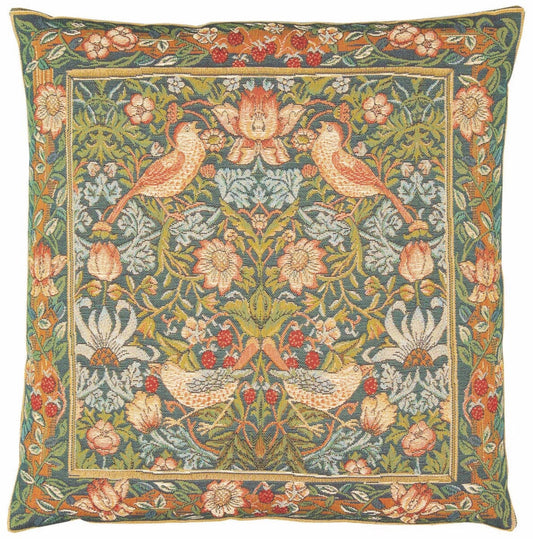 Strawberry Thief Tapestry Cushion with Feather Filler - Green - Hines of Oxford