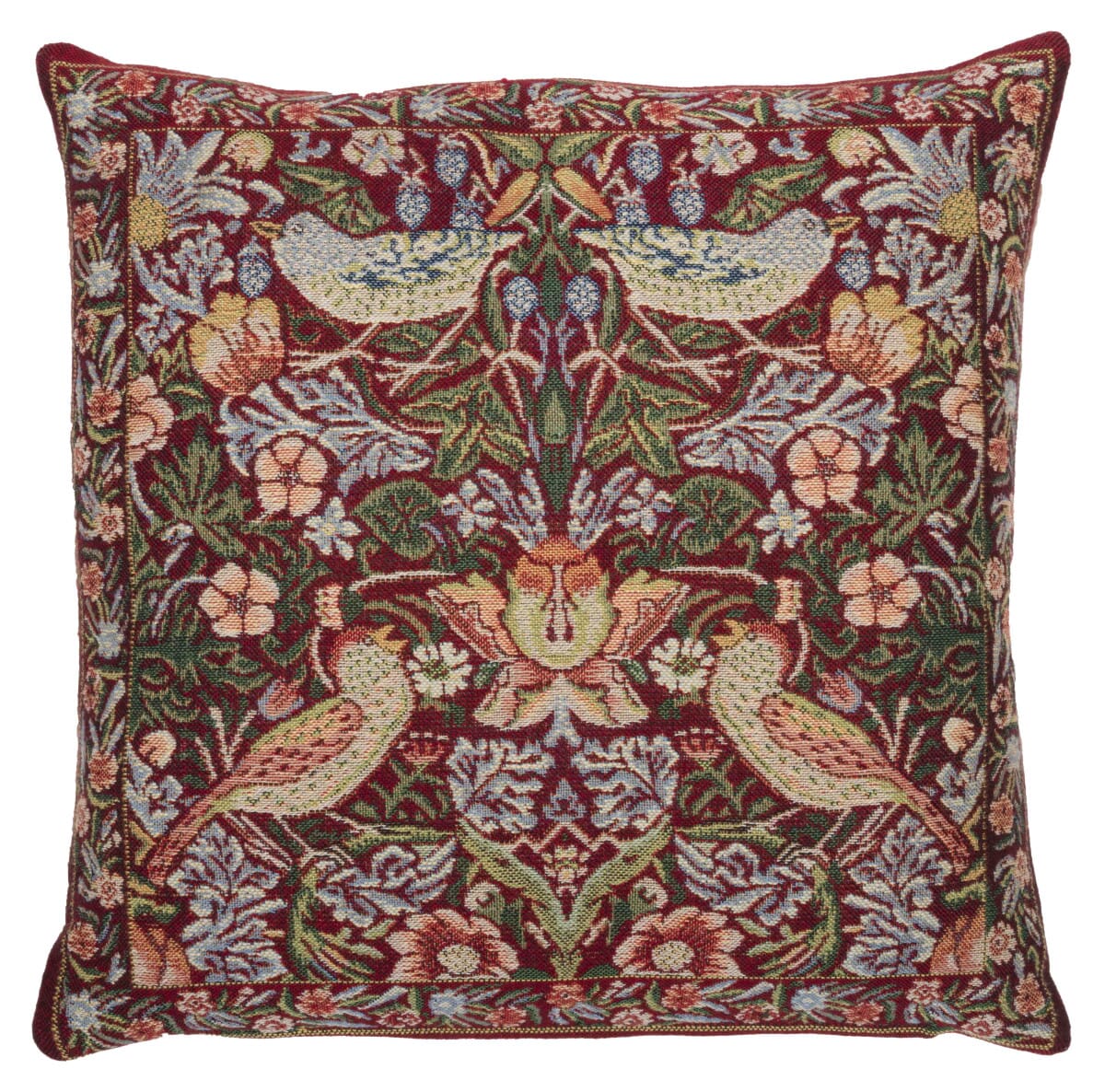 Strawberry Thief Tapestry Cushion with Feather Filler - Red - Hines of Oxford