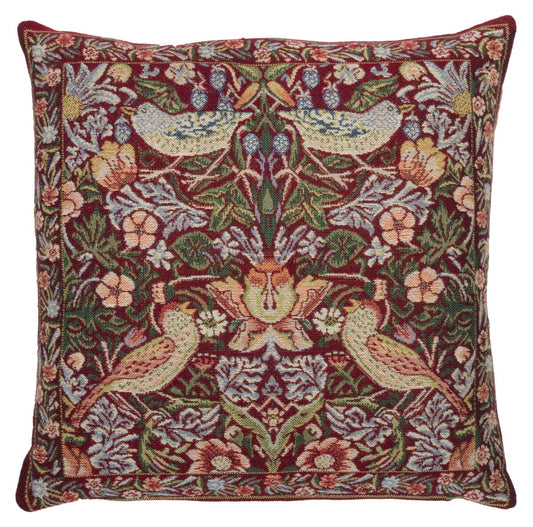 Strawberry Thief Tapestry Cushion with Feather Filler - Red - Hines of Oxford