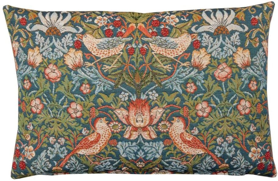 Strawberry Thief Tapestry Cushion with Feather Filler - Green - Hines of Oxford