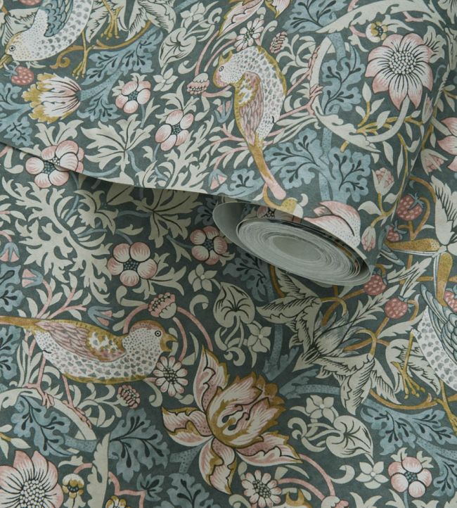 Strawberry Thief Wallpaper - Slate/Blush - Clarke & Clarke