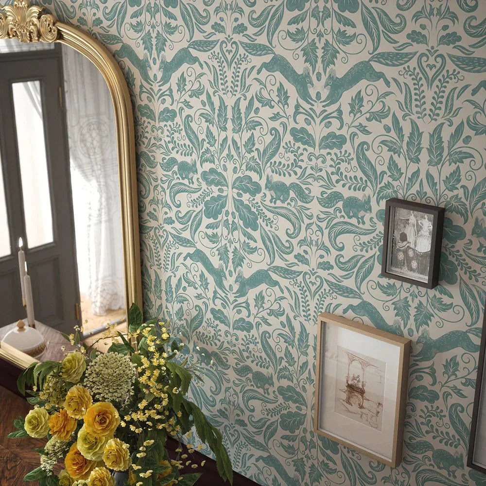 The Secret Squirrel Wallpaper - Teal - LAN100131 - Lucie Annabel - Premier Wallcovering