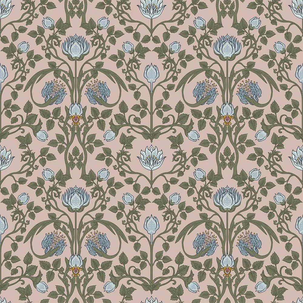 Tulip Garden Wallpaper - Mineral and Forest Green on Vintage Rose - LAN100038 - Lucie Annabel - Premier Wallcovering