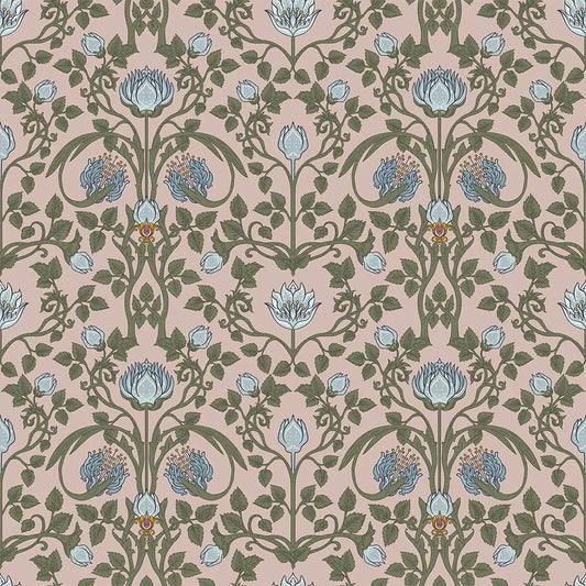 Tulip Garden Wallpaper - Mineral and Forest Green on Vintage Rose - LAN100038 - Lucie Annabel - Premier Wallcovering
